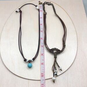 Bundle 2 artisan leather and cultured pearls boho style necklaces
